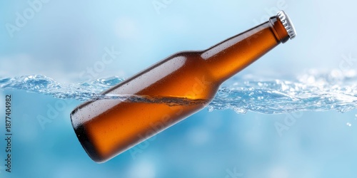 closeup of a beer bottle falling into water, against a blue background.