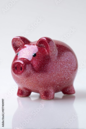 closeup of a glittery red piggy bank against a white background
