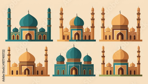Illustration of a flat colored mosque icon with a plain background 