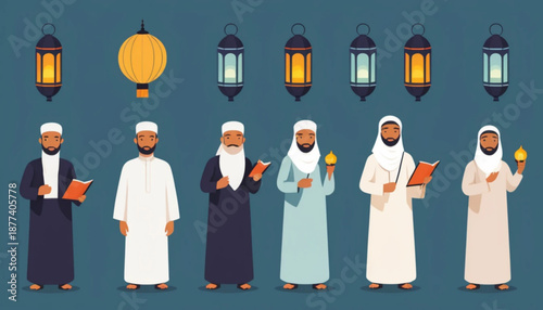 assorted takbiran activity icons arranged in two rows, flat color style with soft shading, simple plain background