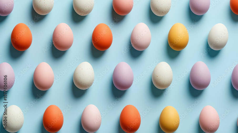 Obraz premium Brightly colored eggs form a cheerful pattern on soft blue, inviting spring joy and warmth Generative AI
