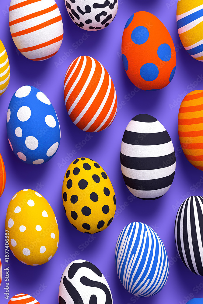 Obraz premium A joyful assembly of vibrant Easter eggs fills the view, showcasing playful colors and patterns Generative AI