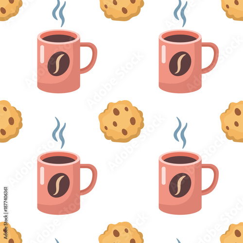 Pink mug of coffee, tea, hot chocolate, cocoa with Chocolate Chip Cookie seamless pattern. Cartoon vector illustration. Hand drawn cup with steam and coffee bean illustration on it
