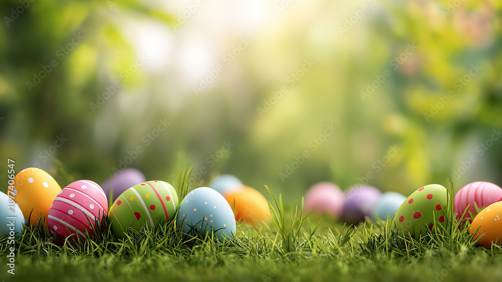 Obraz premium Colorful Easter eggs are scattered on vibrant green grass, joyfully celebrating spring Generative AI