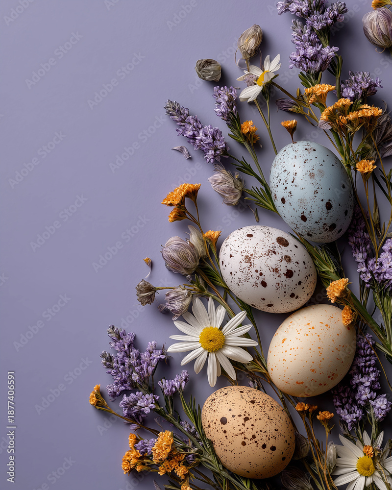 Obraz premium Colorful eggs nestled in fresh flowers embody spring joy and Easter spirit Generative AI