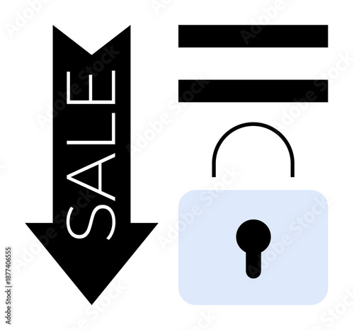 Downward sale arrow next to lock, symbolizing discounts with security. Ideal for e-commerce, secure payments, online shopping, promotions, deals, privacy trust. Simple flat metaphor