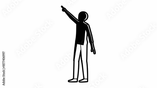 A person pointing upwards with one hand standing alone on a plain background from a straightforward view.