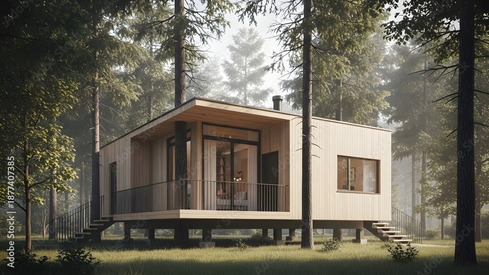 Fototapeta premium Modern eco friendly tiny house with wooden deck in serene forest setting with tall trees and misty atmosphere