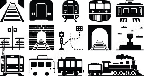 An array of black train and railway related illustrations