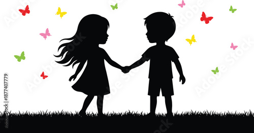 Children, silhouette, holding, hands, in, meadow, with, colorful, butterflies, friendship, innocence, childhood, love, nature, dreamy, fantasy, illustration, playful, bond, together, outdoors, art,