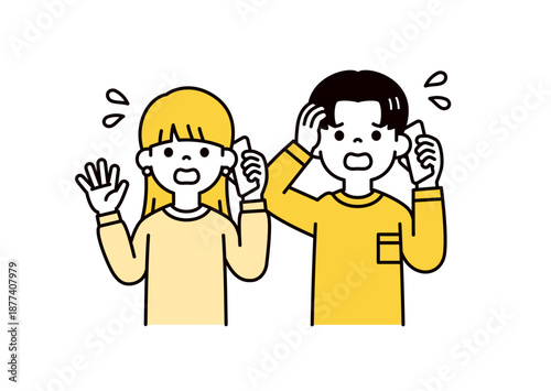 慌てた様子でスマートフォンで通話する、若い男性と女性のシンプルなベクターイラスト素材セット