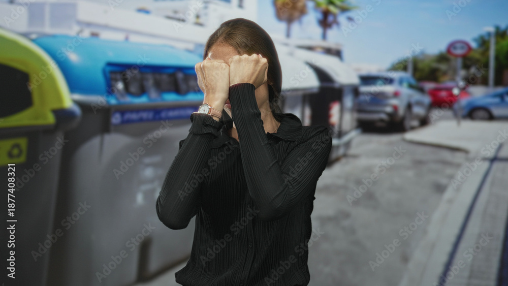 Fototapeta premium Woman with fists raised and clenched hands by recycling containers on a sunny city street, boxing guard stance; urban determination.