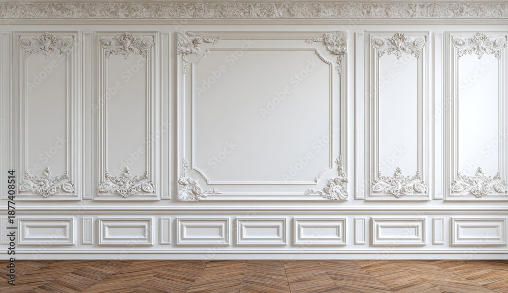 Obraz premium Large white wall with intricate classic paneling featuring ornate moldings and decorative trim in elegant interior design