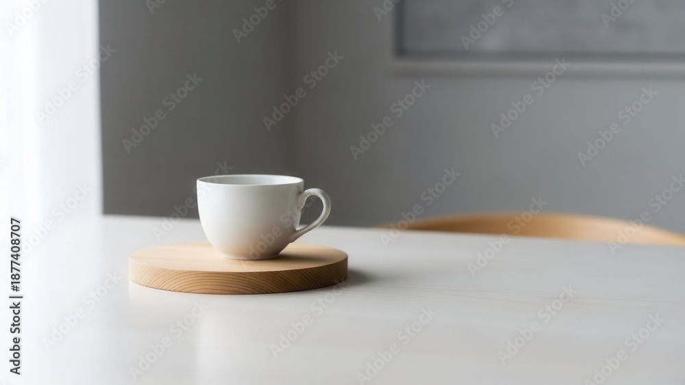 Fototapeta premium Minimalist white coffee cup on wooden coaster on a white table, soft natural light
