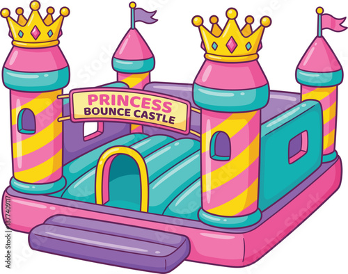 Colorful inflatable princess bounce castle illustration for kids party, fair, carnival, playground, birthday celebration, fantasy amusement, isolated on white background, design, vector, clipart, fun