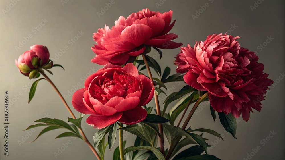 Obraz premium Vibrant red peony flowers arranged gracefully with lush green leaves on a soft gray background