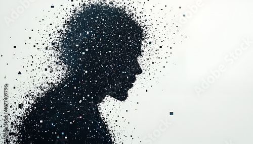 Digital Human Silhouette Dissolving into Particles Representing Virtual Identity