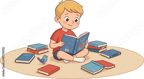 Cute boy reading book illustration, child learning education concept, kids study knowledge, childhood imagination, library books, preschool reading activity, cartoon style artwork
