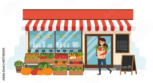 Young woman carrying a paper bag full of fresh groceries while leaving a colorful street market stall with fruits and vegetables.