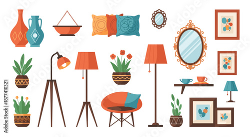 Collection of cozy home decor elements including lamps, vases, pillows, mirrors, and indoor plants in a warm contemporary style.