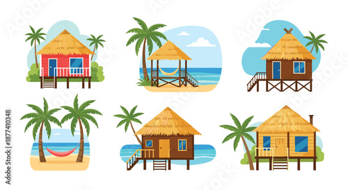 Collection of tropical beach bungalows and huts with palm trees and hammocks overlooking the blue ocean for vacation planning.