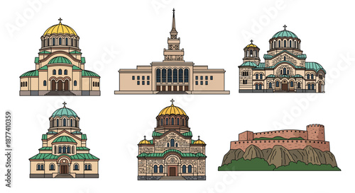 Collection of colorful architectural illustrations featuring grand cathedrals with domes and a medieval castle on a rocky hill.