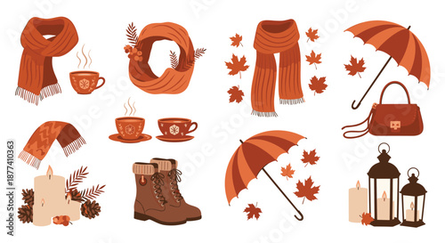 Collection of cozy autumn elements including warm scarves, boots, hot tea, umbrellas, lanterns, and colorful fallen maple leaves.