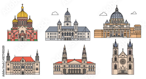 Detailed architectural illustrations of famous european cathedrals and historical buildings with colorful facades and domes.