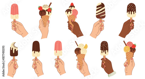 Collection of diverse hands holding different types of ice cream including fruit popsicles, chocolate cones, and sundae cups.