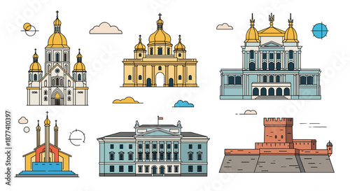 Set of architectural illustrations depicting grand european palaces, cathedrals, and government buildings with colorful facades.