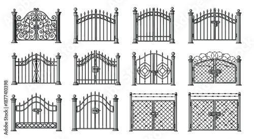 Collection of ornate wrought iron gates and metal fences with various decorative patterns and security features for estates.