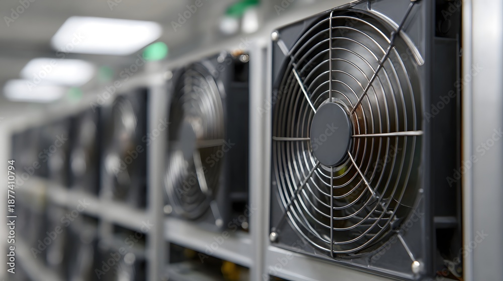 Fototapeta premium Industrial cooling fans are neatly arranged in rows within a technological infrastructure
