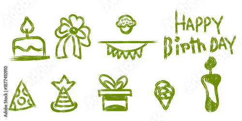 Cute hand drawn birthday elements set with cake gift ice cream and celebration doodles