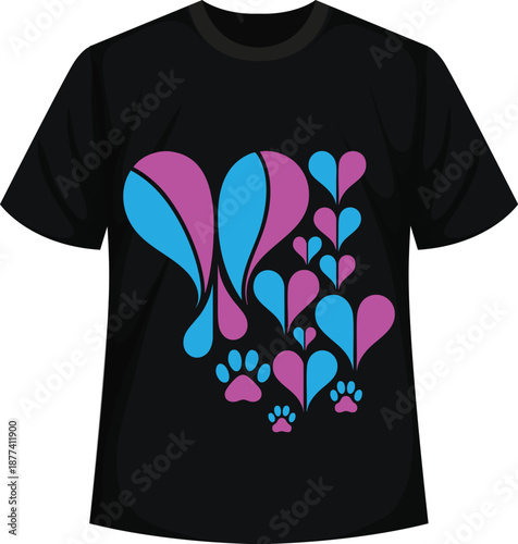 Vibrant Heart and Paw Print Graphic Apparel for Pet Lovers, Black T-Shirt with Large Pink and Red Heart and Teal Paw Accents, shirt, t-shirt, tshirt, vector, illustration.
