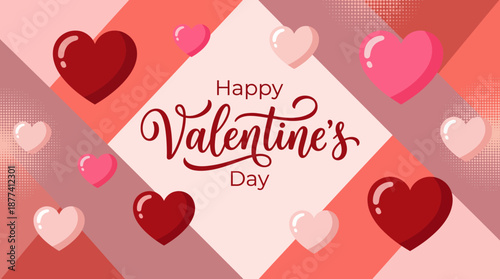 Valentine's Day greeting design featuring red and pink hearts and playful typography celebrating love and romance