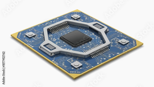 A close-up view of a microchip on a circuit board with various components, showcasing technology and electronics in a laboratory setting