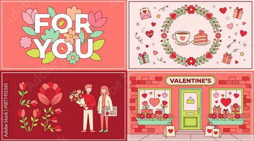 Set of Valentine's Day greeting cards featuring hearts, florals, and romantic illustrations for love and gifting