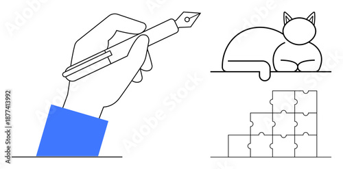 Line art. A hand holding a pen, sleeping cat, and stacked puzzle blocks creativity and problem solving. Line art suits design, education, creativity, relaxation, and hobbies