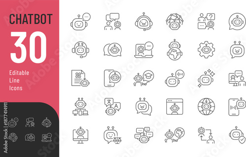 Chatbot Line Editable Icons set. Vector illustration in modern thin style of artificial intelligence related icons: virtual assistant, support, creative ai, and more. Isolated on transparent backgroun