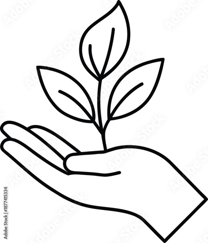 Minimalist eco hand holding plant line art vector leaf