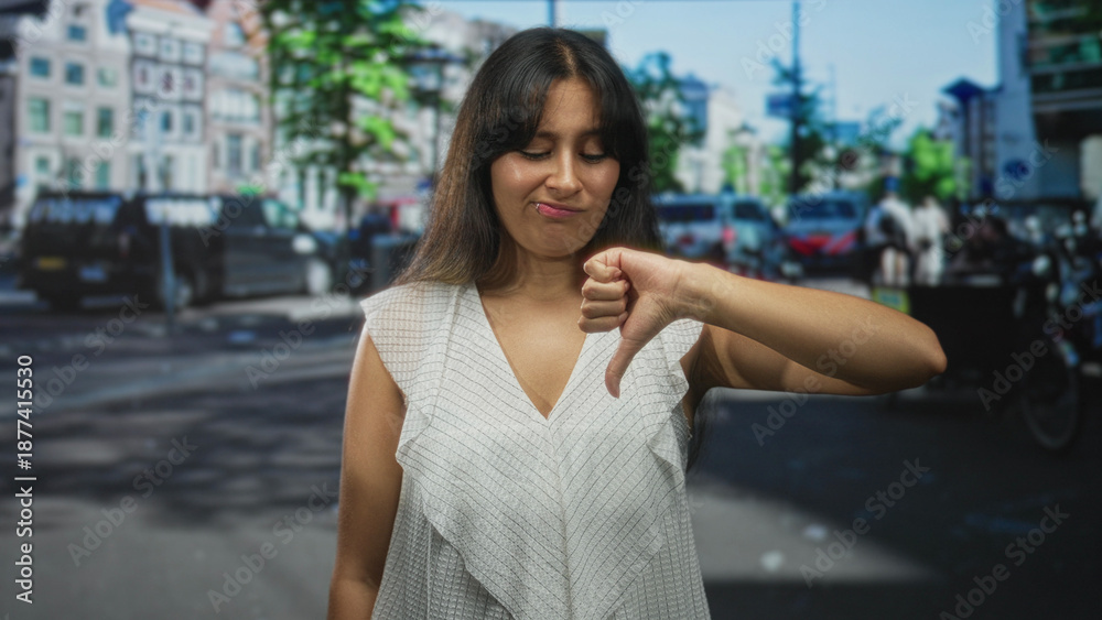 Fototapeta premium Young hispanic woman, brunette, giving thumbs down gesture with closed eyes on a busy city street wearing white blouse; disapproval social commentary.
