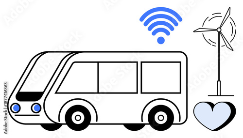 Sustainable transportation, renewable energy, public transit, connectivity, eco-friendly solutions, clean technology. Graphic of an electric bus, wind turbine wireless and heart. Sustainable