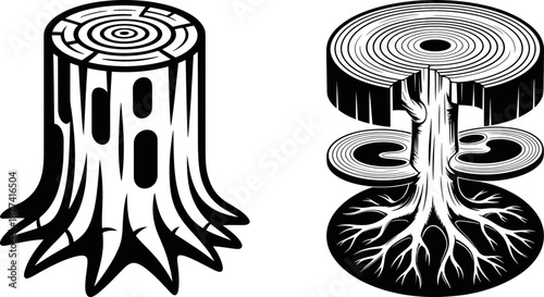 Black and White Tree Stump and Root Illustration