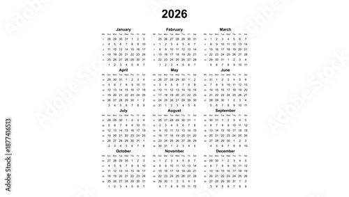 2026 year english vector calendar with week numbers
