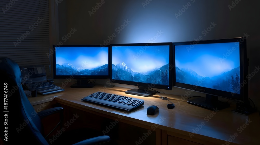 Fototapeta premium A dimly lit office features a triple monitor computer setup displaying a serene blue mountain landscape creating a focused workspace