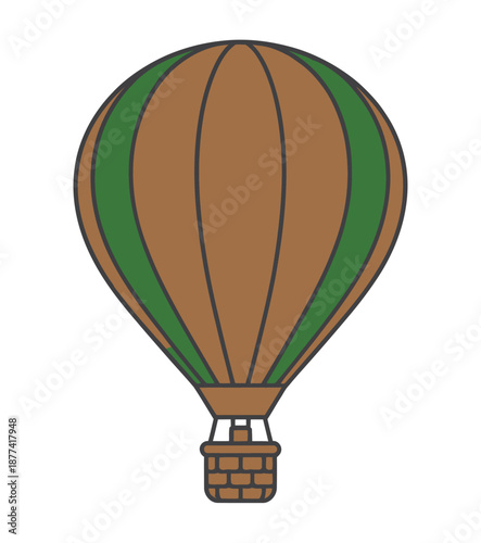 A cartoon hot air balloon floats gently in the sky with a brown and green striped envelope and a brick-patterned basket.