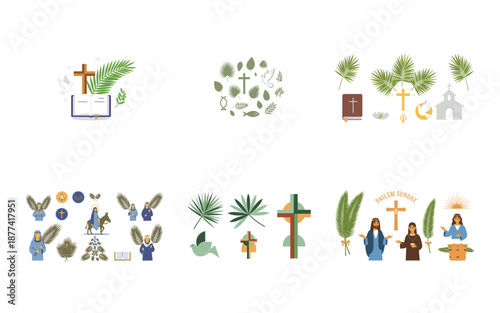 Palm Sunday religious and with crosses and people religious crosses palm leaves