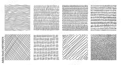 Pencil drawn crosshatch pattern collection with scribble techniques set. Textured line work creates shading depth. Ideal for hand-sketched background and artistic pencil illustration.
