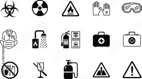 A comprehensive collection of essential black and white safety icons representing hazard warnings first aid equipment and personal protective gear for professional industrial use