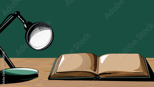 Flat illustration of a study workspace with open book and desk lamp on wooden table against green background for education and learning concepts